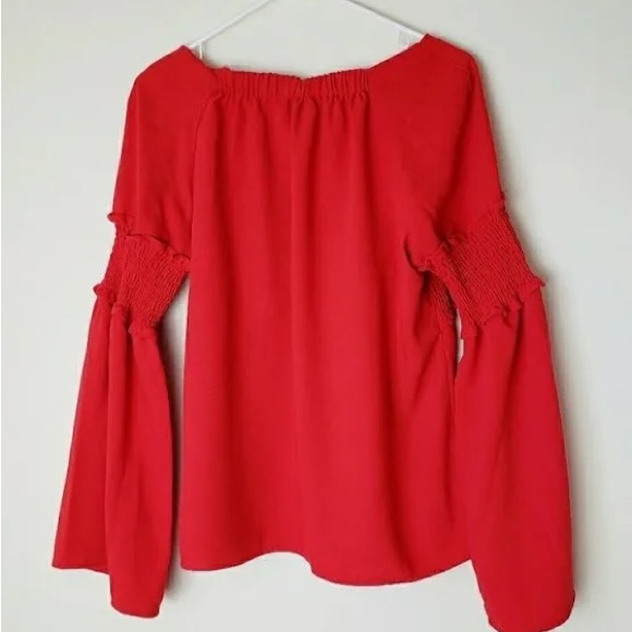 Amaryllis Apparel ruffled blouse Long Bell Sleeves solid Red Size Small - Picture 9 of 15